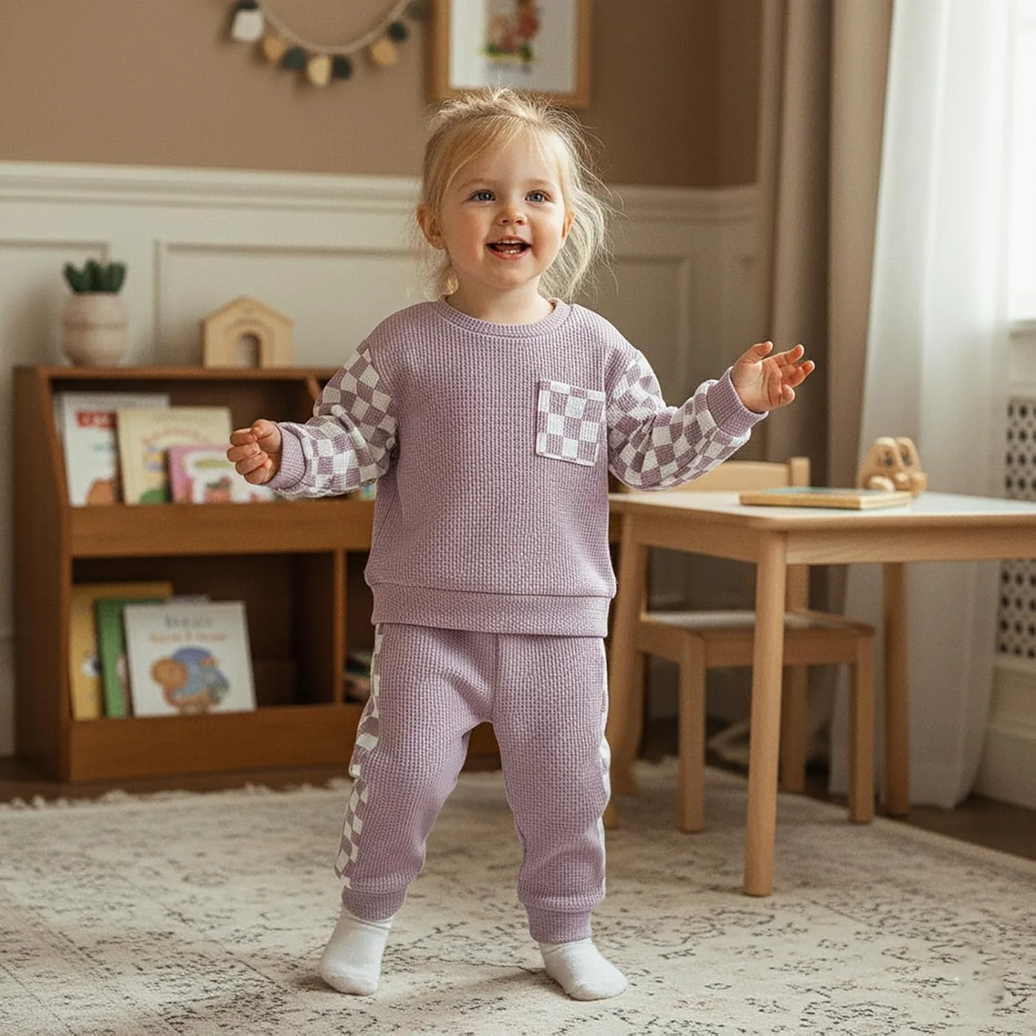 ست لباس پاییزی دخترانه بچه گانه شامل بلوز آستین بلند طرح شطرنجی و شلوار کمر کش