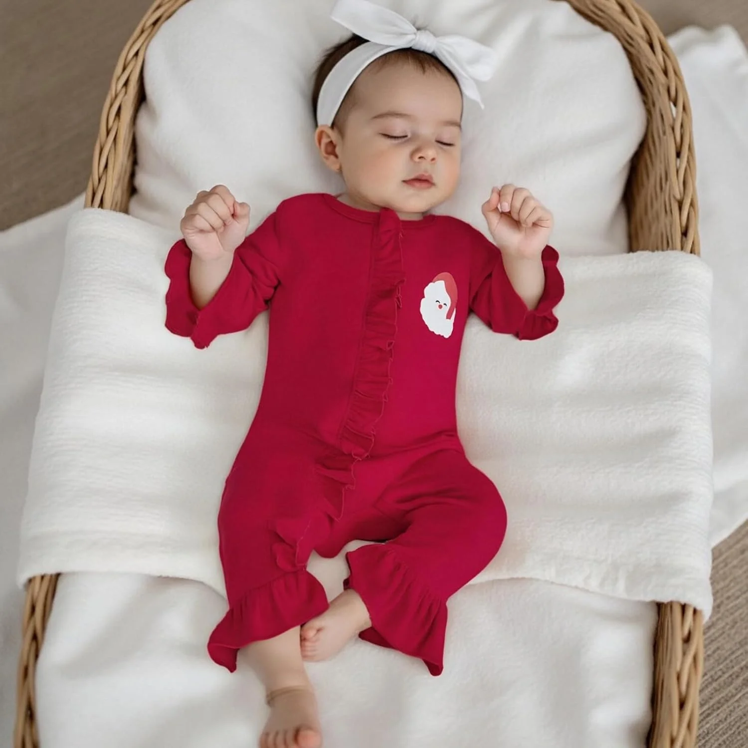 لباس کریسمس نوزادی دخترانه Lamuusaa، رامپر طرح بابانوئل با آستین چین‌دار، بادی زیپ‌دار یک تکه، جامپسوت و شلوار دمپا گشاد، 0 تا 12 ماه