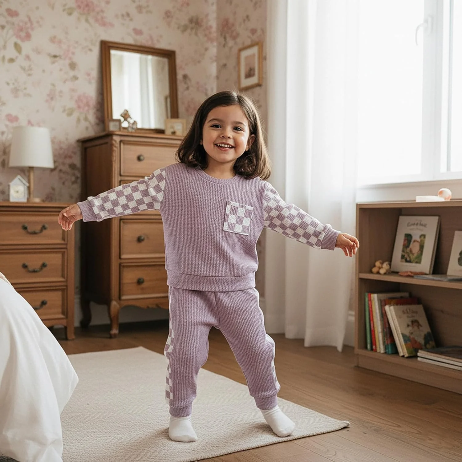 ست لباس پاییزی دخترانه بچه گانه شامل بلوز آستین بلند طرح شطرنجی و شلوار کمر کش