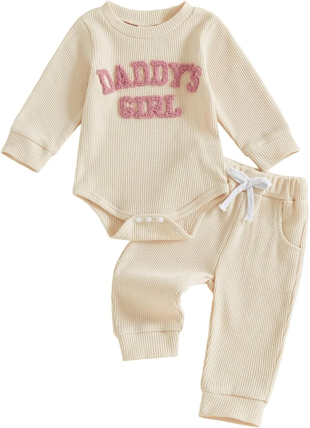 لباس نوزادی دخترانه BULINGNA، سرهمی آستین بلند طرح "دختر بابا"، لباس یکسره، شلوار وافل نوزادی