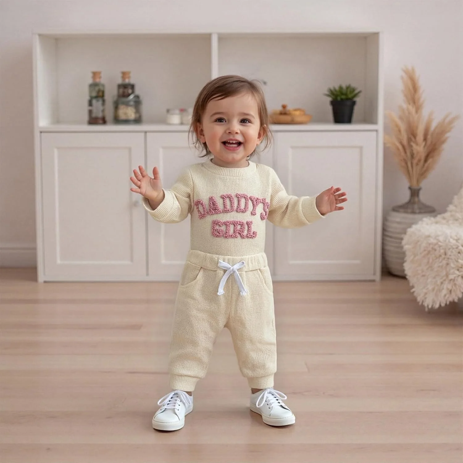 لباس نوزادی دخترانه BULINGNA، سرهمی آستین بلند طرح "دختر بابا"، لباس یکسره، شلوار وافل نوزادی