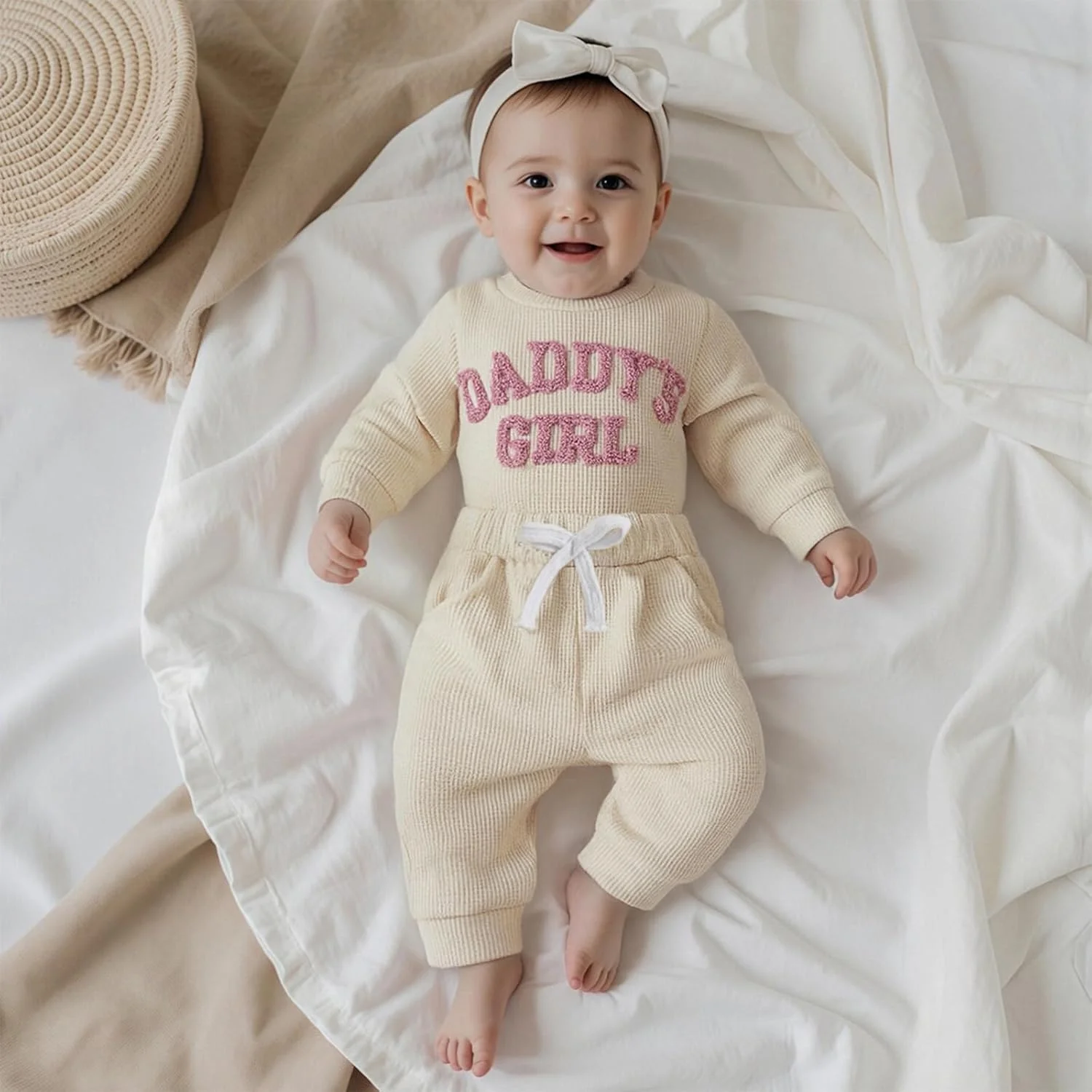 لباس نوزادی دخترانه BULINGNA، سرهمی آستین بلند طرح "دختر بابا"، لباس یکسره، شلوار وافل نوزادی