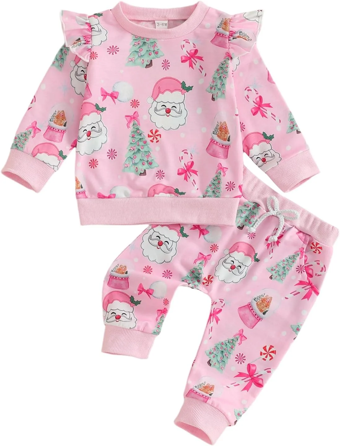 لباس کریسمس نوزاد دخترانه، ست تاپ آستین بلند با طرح بابانوئل و شلوار برای کودک نوپا