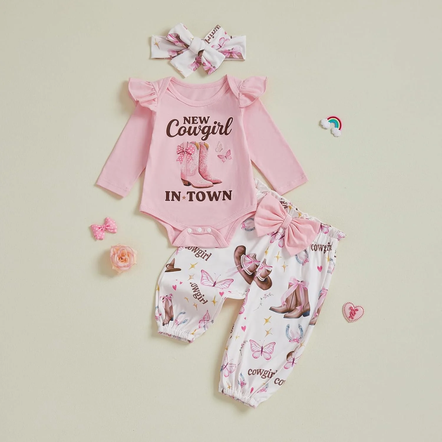 ست لباس دخترانه نوزادی طرح گاوچران شامل رامپر چین‌دار، شلوار و هدبند، 3 تکه