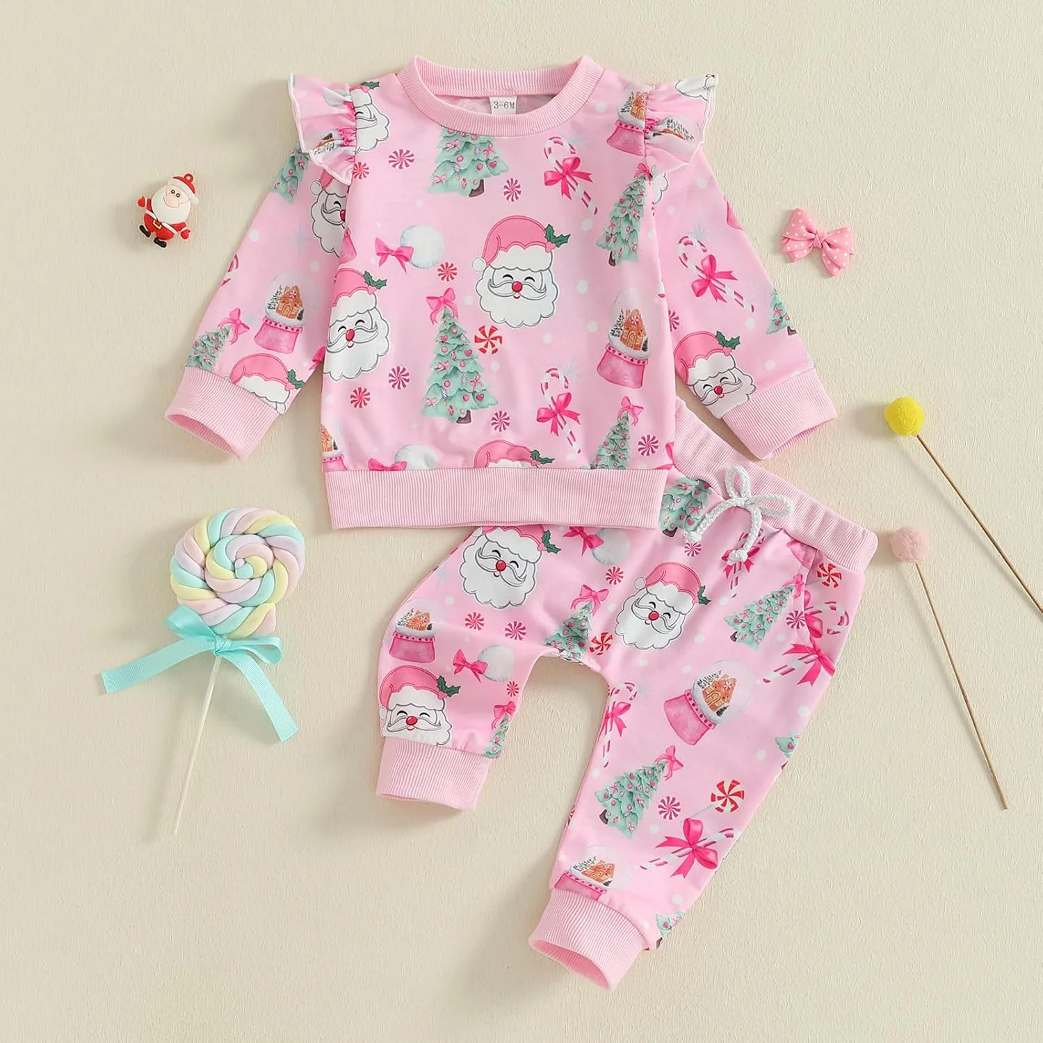 لباس کریسمس نوزاد دخترانه، ست تاپ آستین بلند با طرح بابانوئل و شلوار برای کودک نوپا