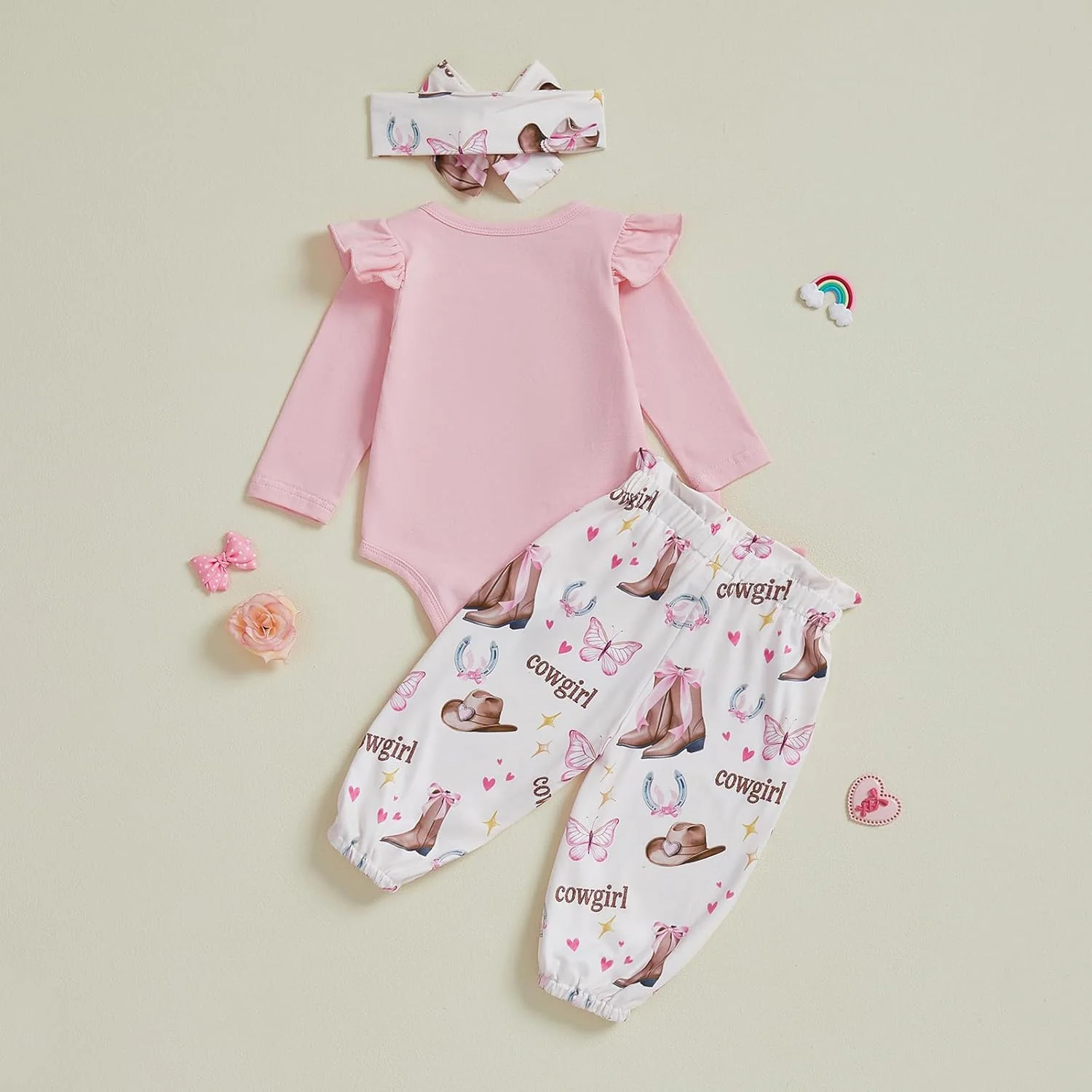 ست لباس دخترانه نوزادی طرح گاوچران شامل رامپر چین‌دار، شلوار و هدبند، 3 تکه