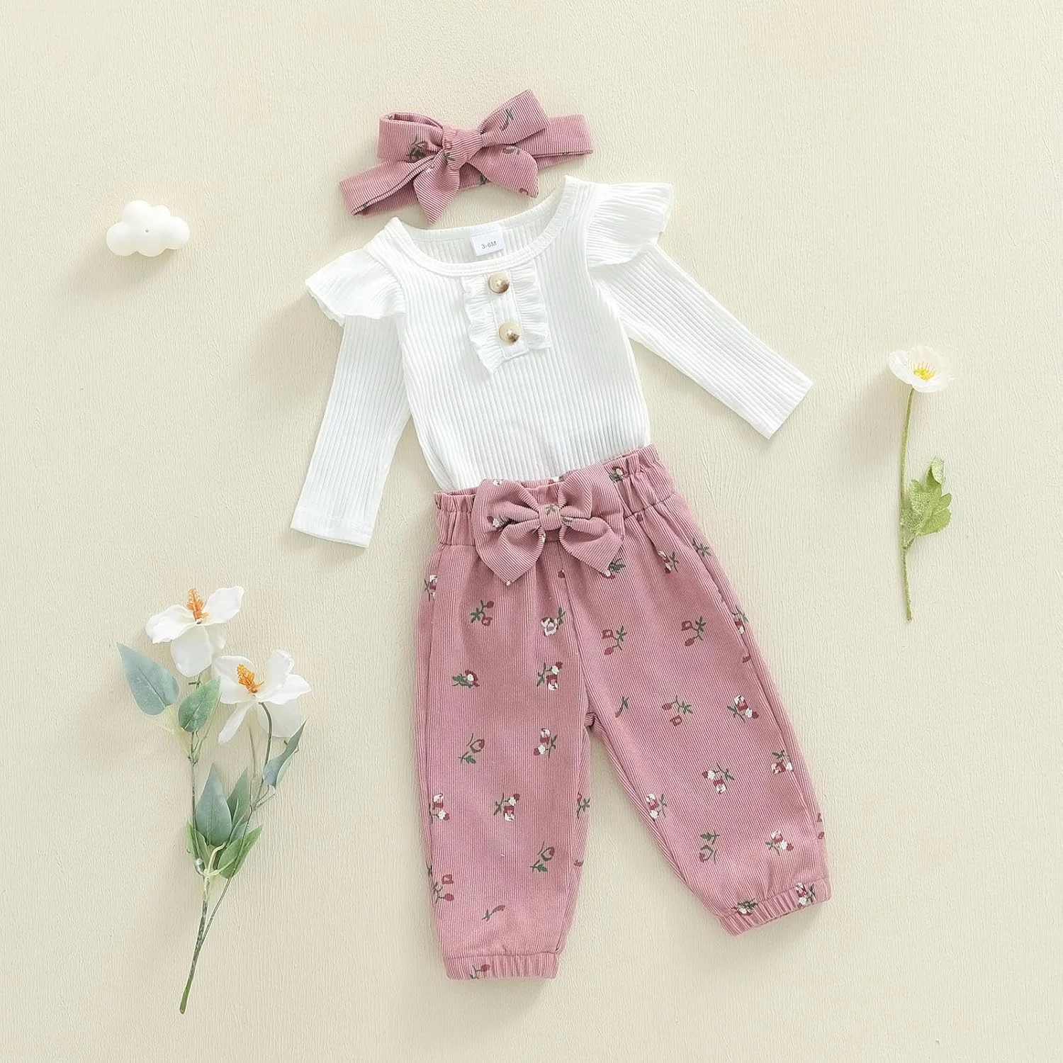 لباس نوزاد دخترانه، رامپر دنده ای زیبا، شلوار گلدار، هدبند، ست 3 تکه مناسب فصل پاییز و زمستان برای دختران