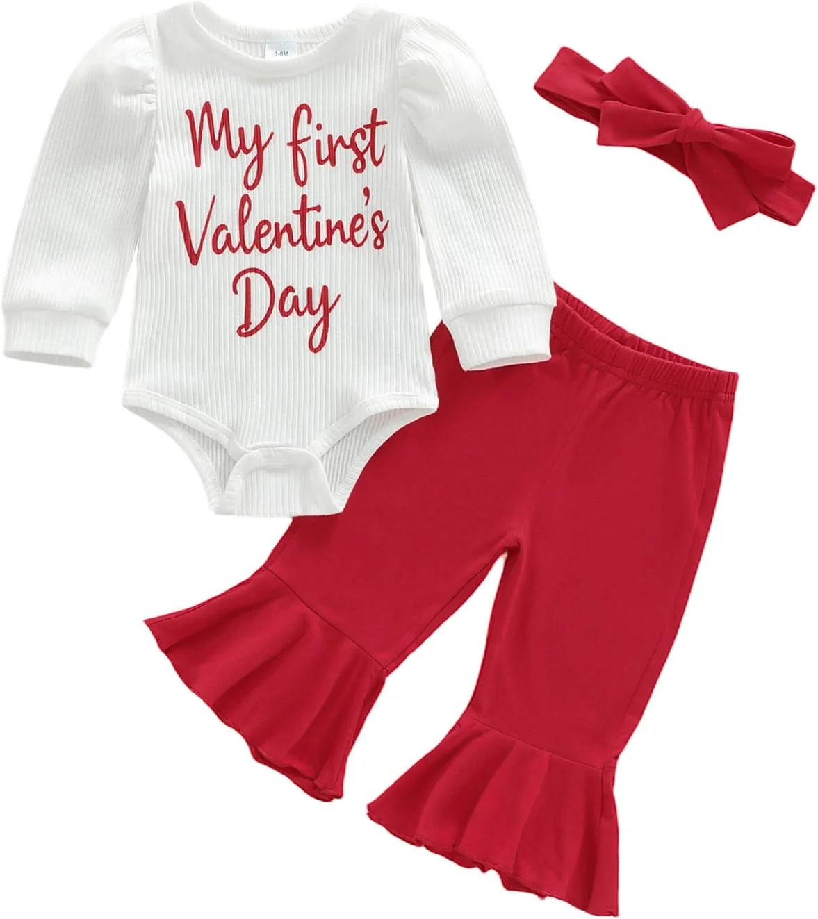 لباس نوزادی دخترانه روز ولنتاین، سرهمی آستین بلند، شلوار دمپا گشاد و هدبند