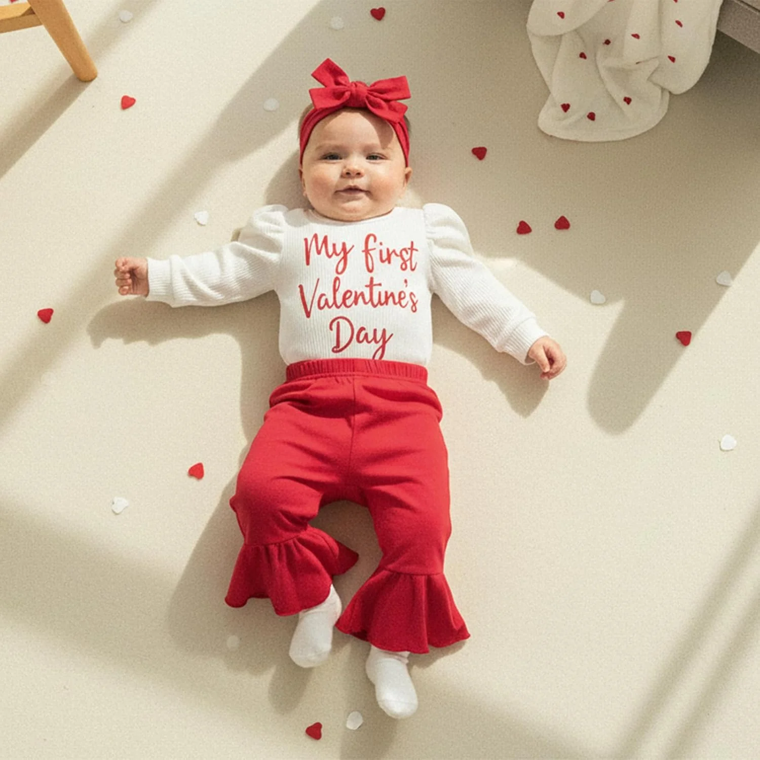 لباس نوزادی دخترانه روز ولنتاین، سرهمی آستین بلند، شلوار دمپا گشاد و هدبند