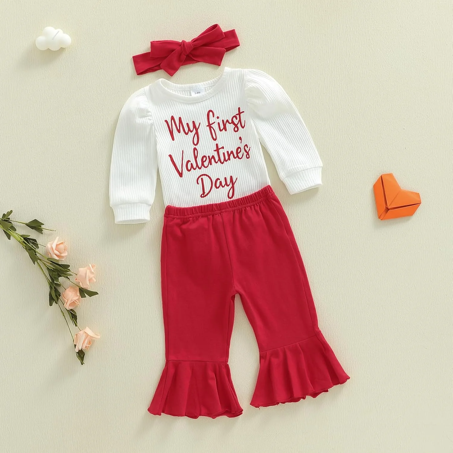 لباس نوزادی دخترانه روز ولنتاین، سرهمی آستین بلند، شلوار دمپا گشاد و هدبند