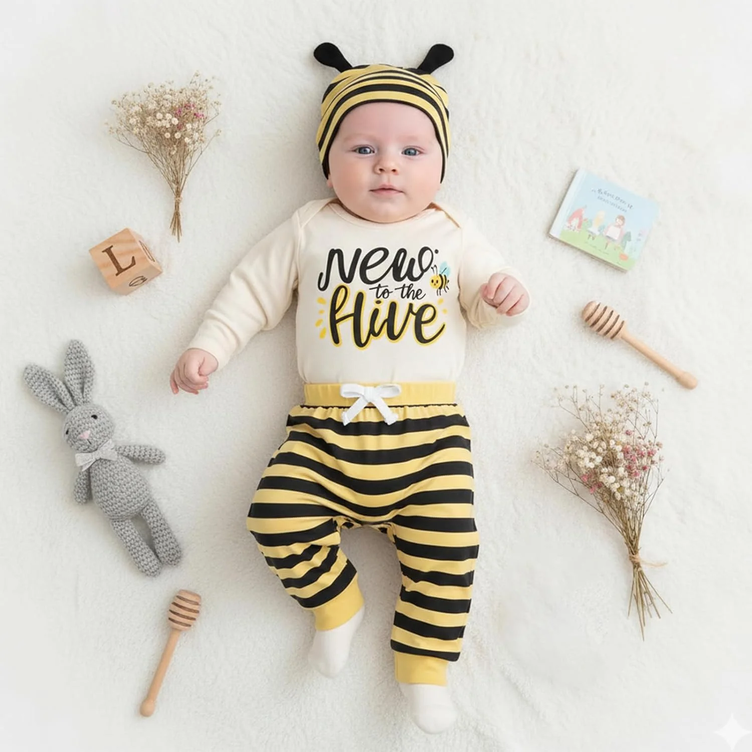 ست 4 تکه لباس نوزاد دخترانه با طرح آفتابگردان شامل رامپر آستین بلند، شلوار، هدبند پاپیونی و کلاه گره دار