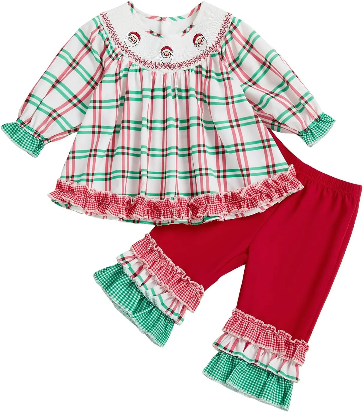 لباس کریسمس دخترانه Yuemengxuan، بلوز آستین بلند طرح چهارخانه و شلوار چین‌دار