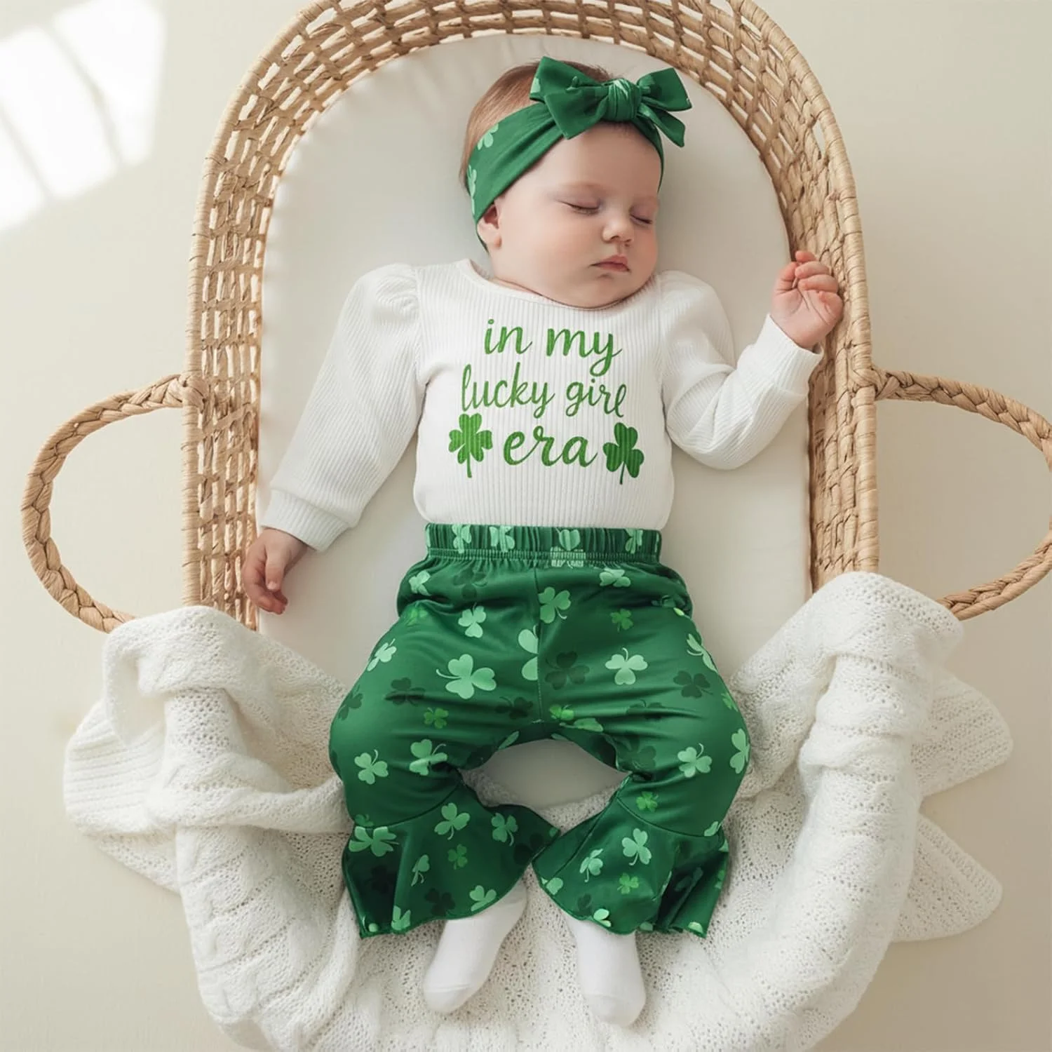 لباس روز سنت پاتریک دخترانه Thorn Tree، لباس نوزادی، رامپر آستین بلند، شلوار دمپا گشاد، پاپیون، ست لباس سبز نوزاد