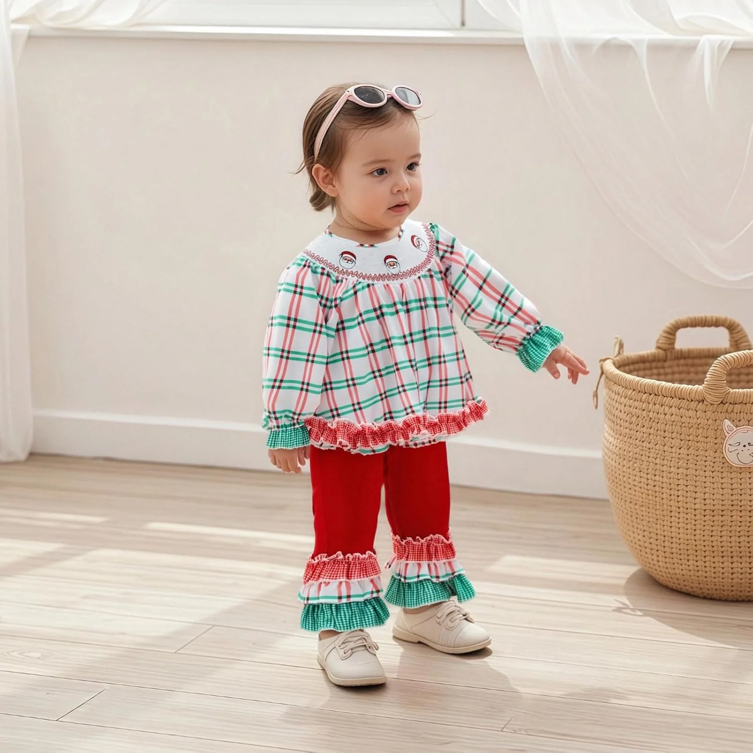 لباس کریسمس دخترانه Yuemengxuan، بلوز آستین بلند طرح چهارخانه و شلوار چین‌دار