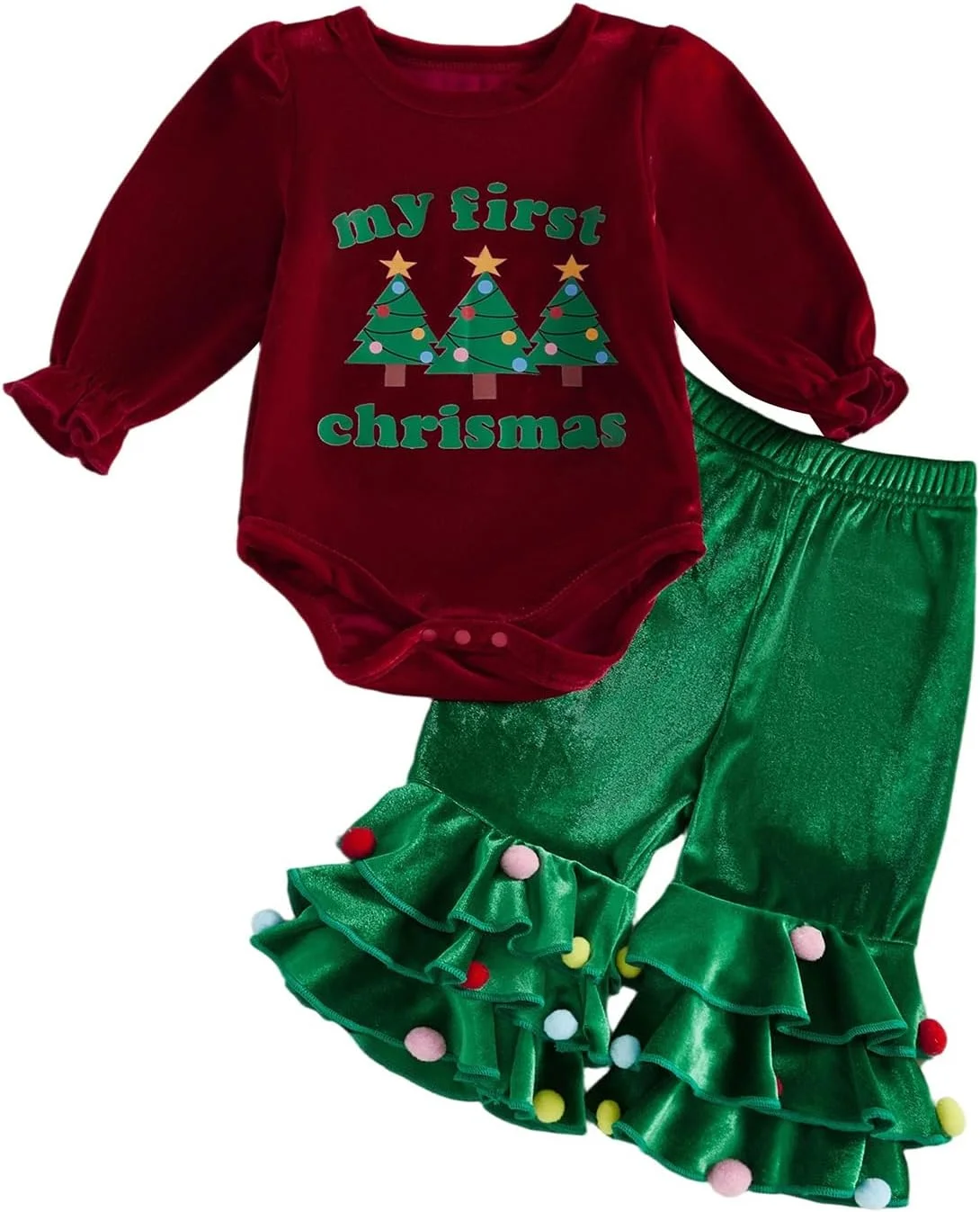 ست لباس نوزاد دخترانه با آستین پفی بلند، شلوار دمپا گشاد زنگوله ای و طرح کریسمس، 2 تکه