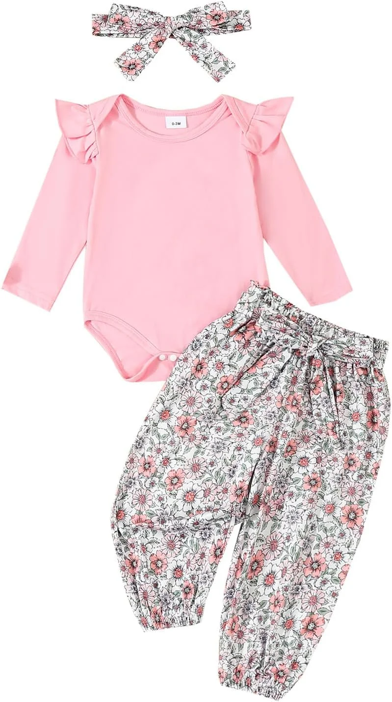 لباس نوزادی دخترانه، رامپر بافتنی، شلوار طرح گل آفتابگردان، هدبند، مناسب برای دختران 0 تا 24 ماه
