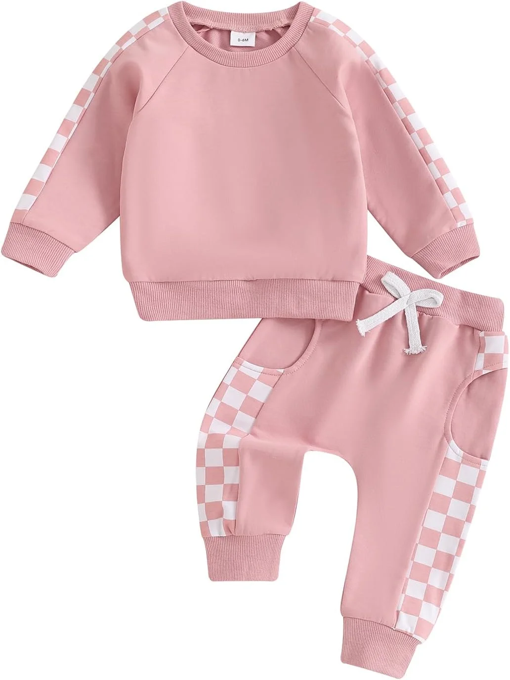 ست لباس پاییزی نوزاد دخترانه شامل بلوز آستین بلند تکه دوزی شده و شلوار کمر کش