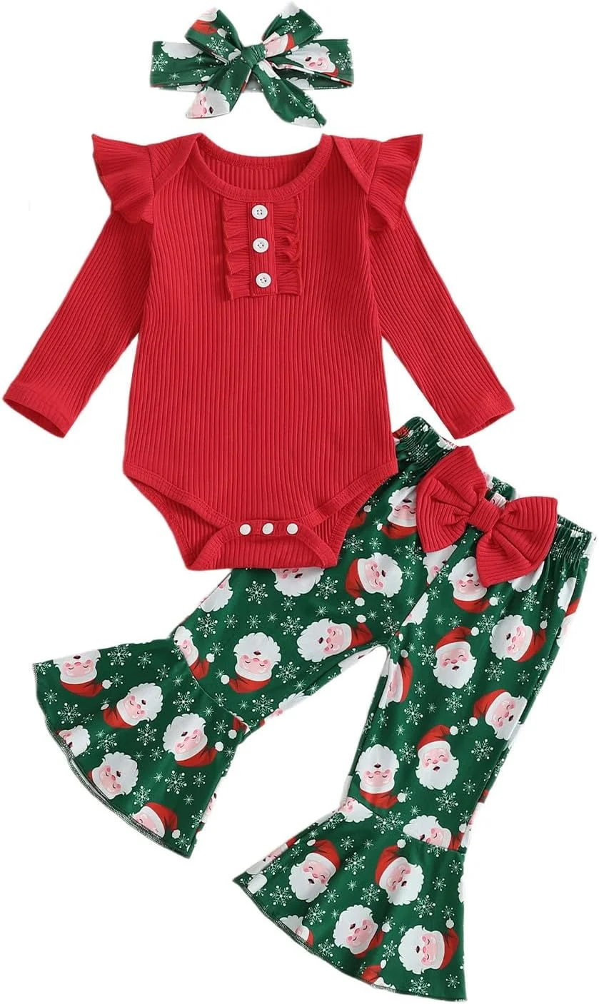 ست لباس نوزاد دخترانه، رامپر آستین بلند چین دار با طرح بابانوئل و شلوار دمپا گشاد