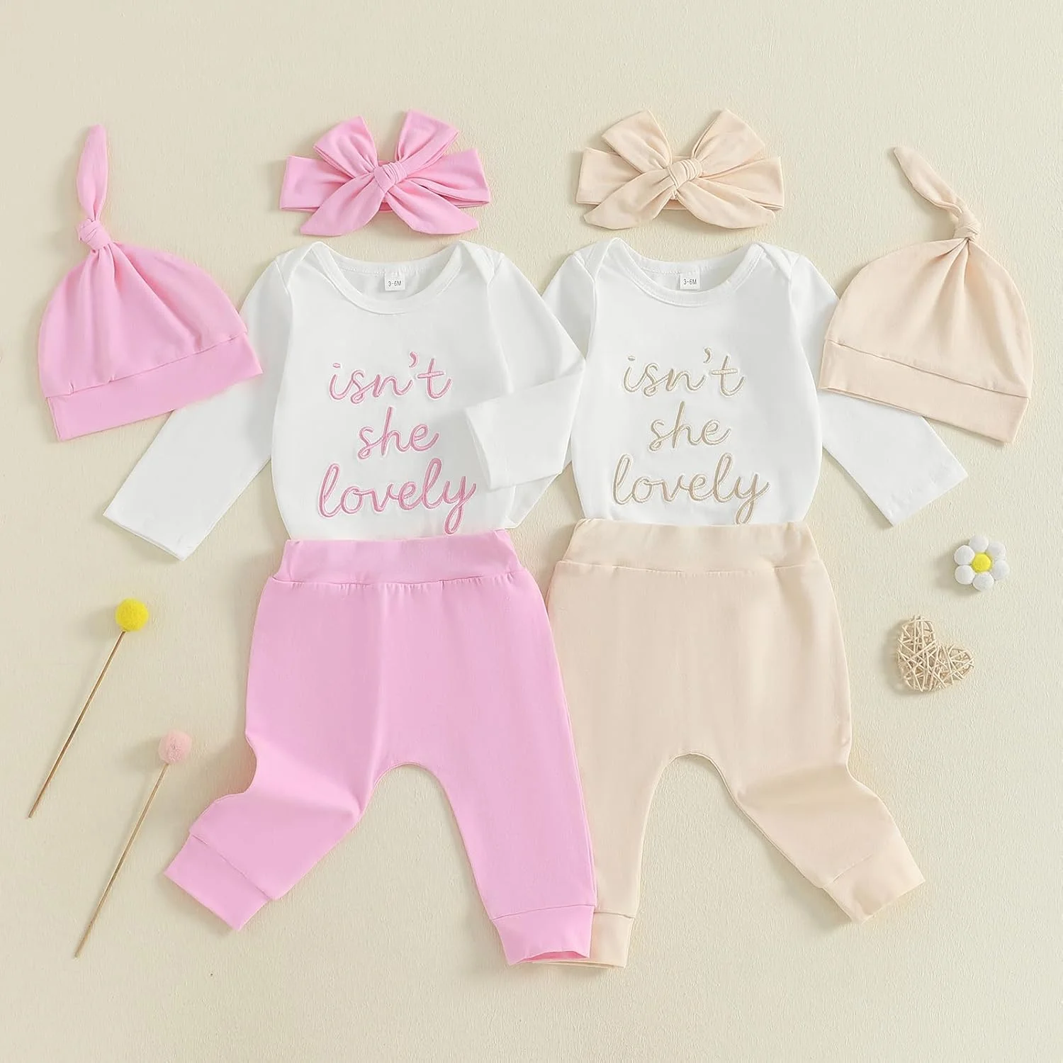 لباس نوزادی دخترانه، رامپر، شلوار بلند، کلاه و هدبند، لباس پاییزی زیبا، سایز 0 تا 18 ماه