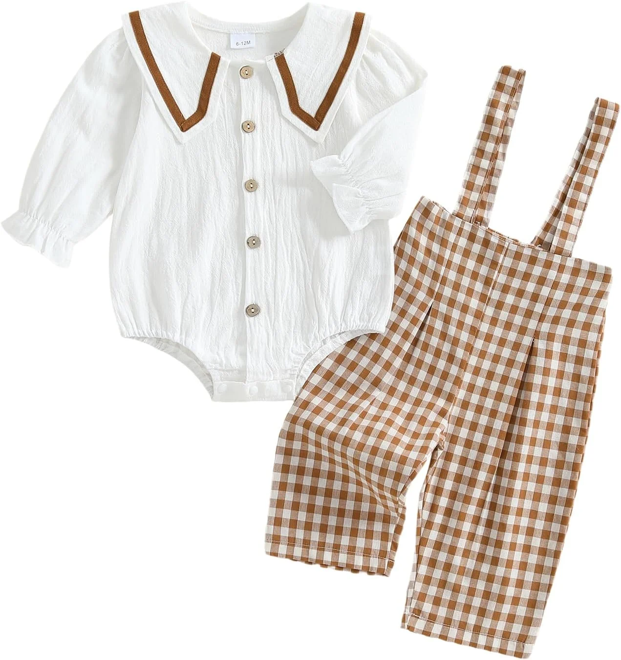 لباس نوزاد دخترانه، رامپر آستین بلند دکمه دار کتان، شلوار پیشبندی چهارخانه، ست لباس پاییزی و زمستانی نوزاد دختر