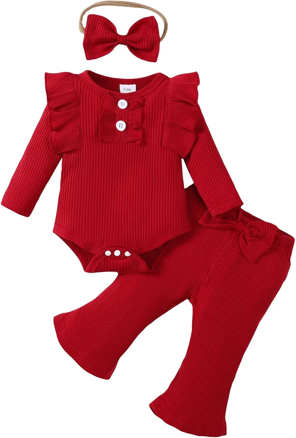 لباس نوزاد دخترانه، رامپر آستین بلند دنده ای، شلوار دمپا گشاد و هدبند، ست 3 تکه مناسب پاییز و زمستان