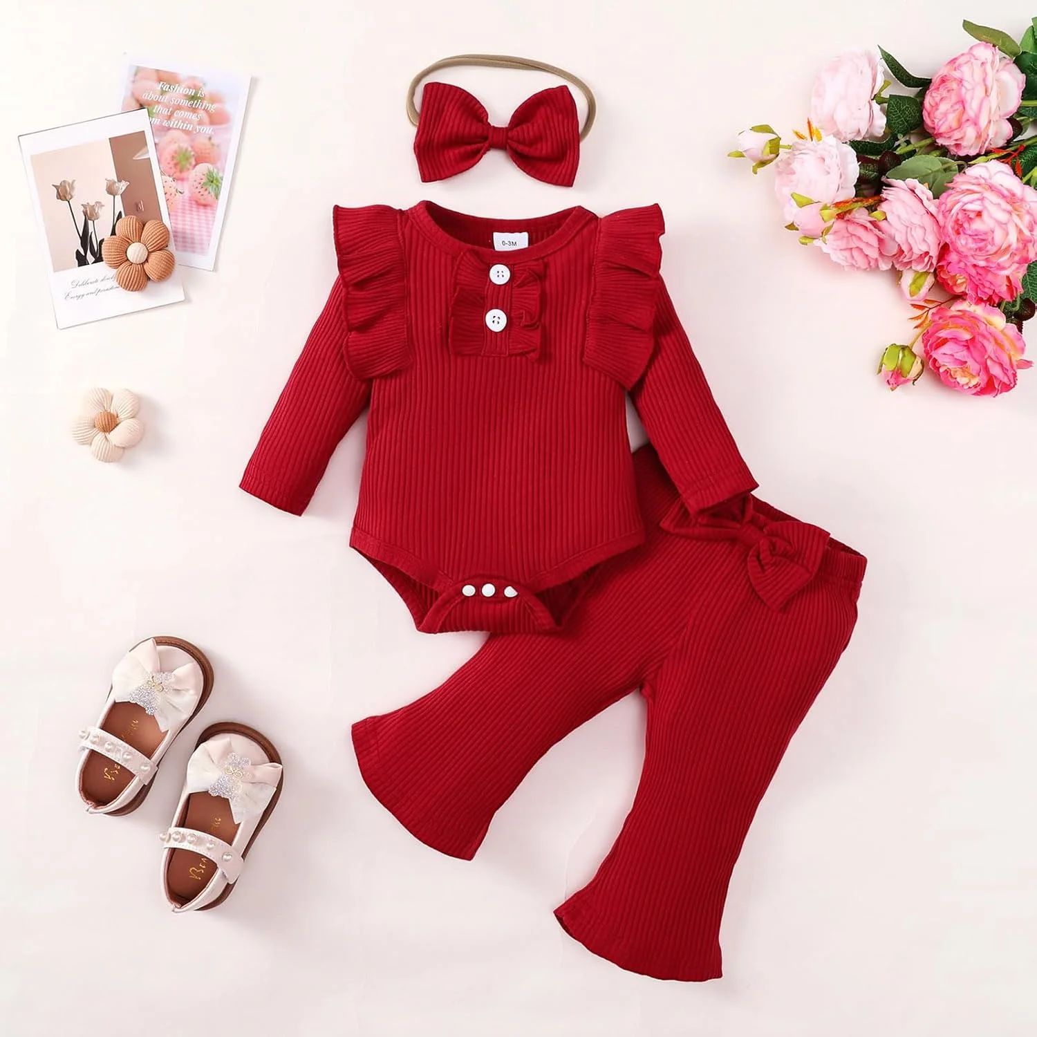 لباس نوزاد دخترانه، رامپر آستین بلند دنده ای، شلوار دمپا گشاد و هدبند، ست 3 تکه مناسب پاییز و زمستان