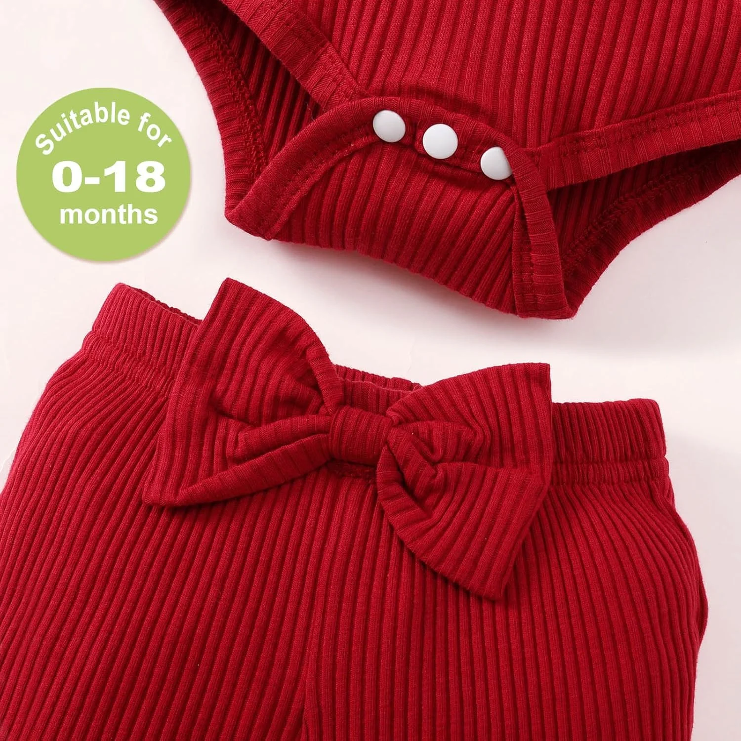 لباس نوزاد دخترانه، رامپر آستین بلند دنده ای، شلوار دمپا گشاد و هدبند، ست 3 تکه مناسب پاییز و زمستان