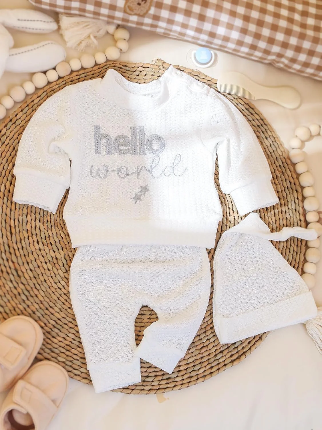 لباس نوزادی پسرانه دخترانه، رامپر آستین بلند، مناسب برای عکس برداری، شامل بلوز، شلوار و کلاه