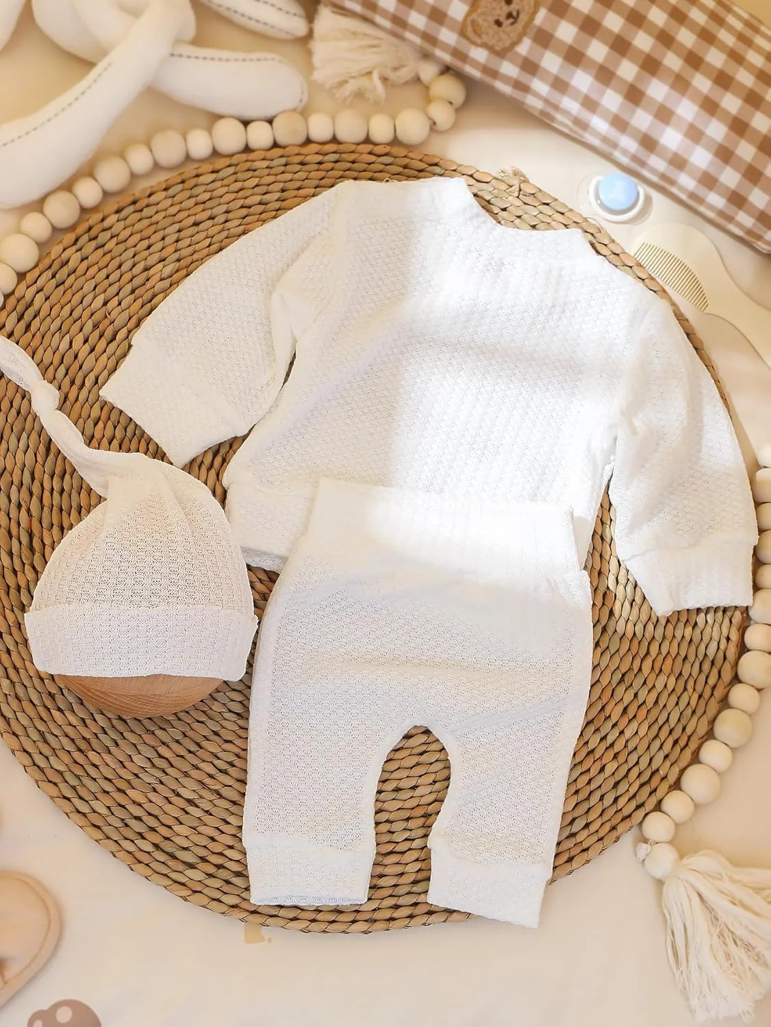 لباس نوزادی پسرانه دخترانه، رامپر آستین بلند، مناسب برای عکس برداری، شامل بلوز، شلوار و کلاه