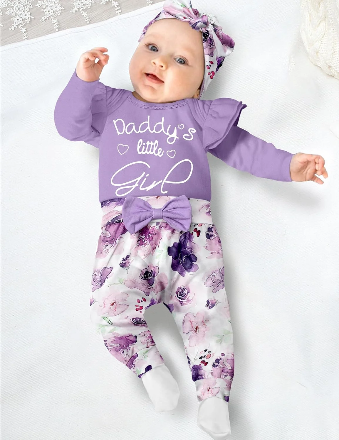 ست لباس نوزادی دخترانه، تاپ آستین بلند سفید چین دار + شلوار + هدبند + کلاه 4 تکه 0-6 ماه