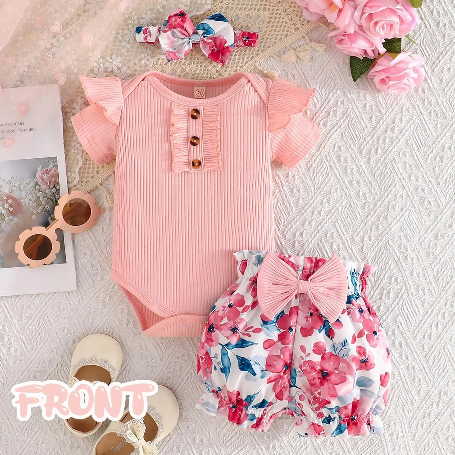 ست لباس نوزادی دخترانه، رامپر چین‌دار و شلوارک، مناسب بهار و تابستان