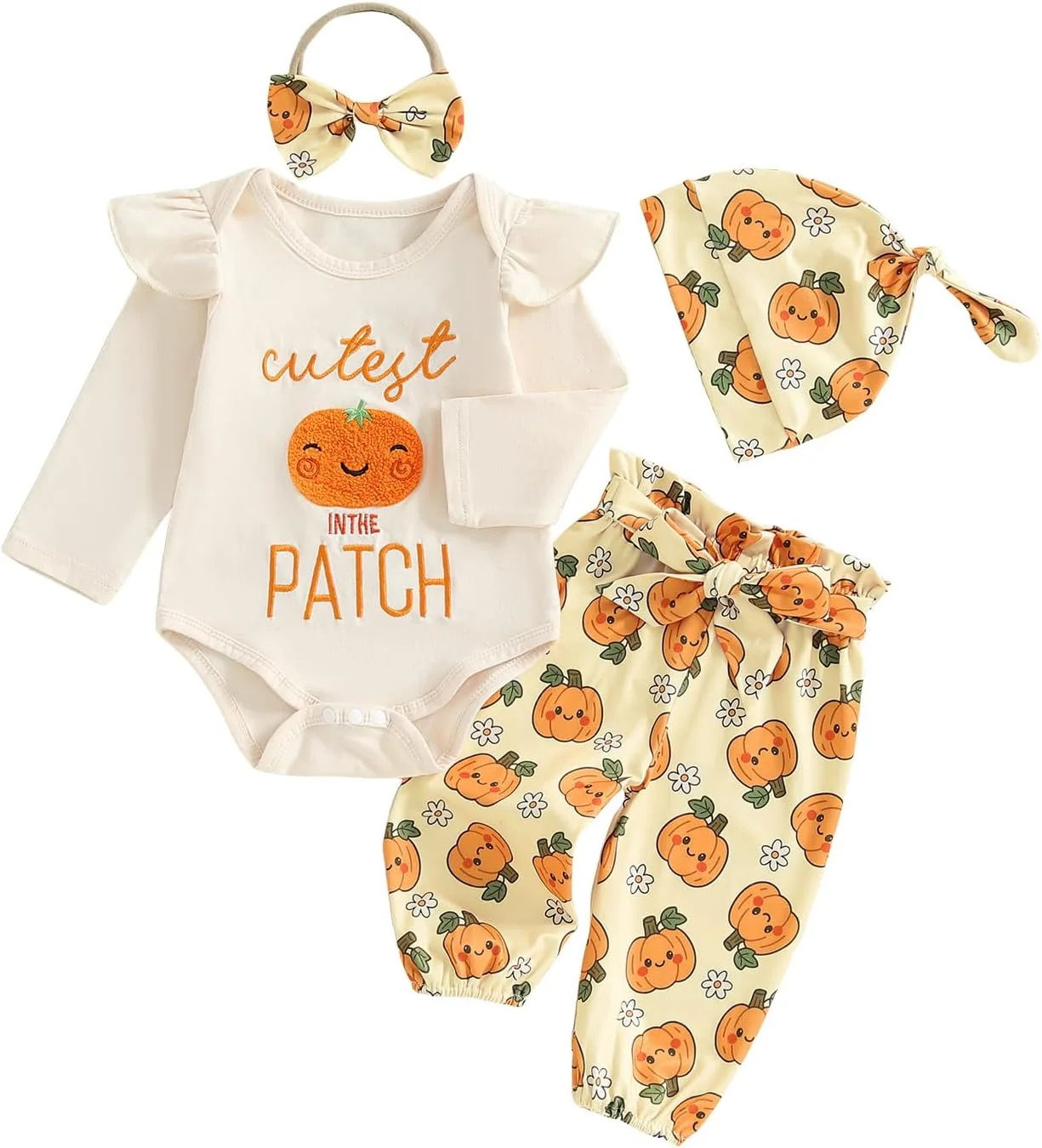 لباس هالووین نوزادی دخترانه YINGISFITM، رامپر آستین بلند طرح کدو تنبل و شلوار، لباس نوزاد دختر