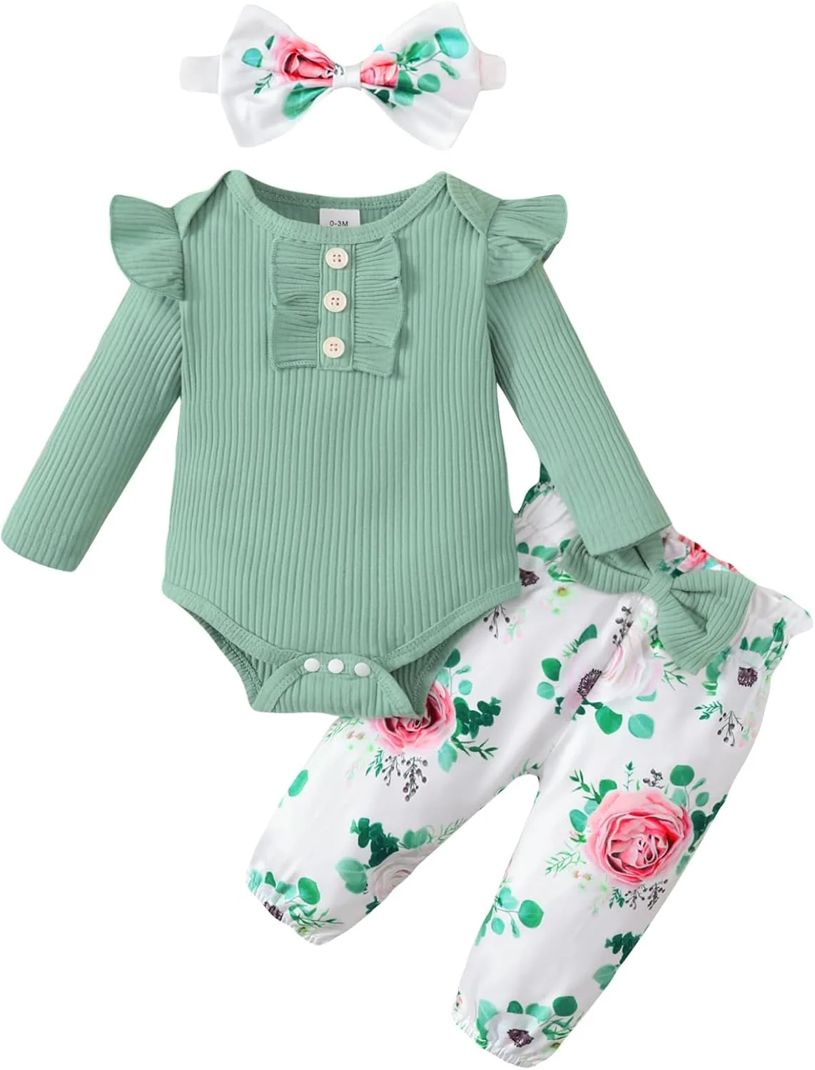 ست لباس نوزادی دخترانه آستین بلند، رامپر چین دار و شلوار طرح گل مناسب 0 تا 18 ماه