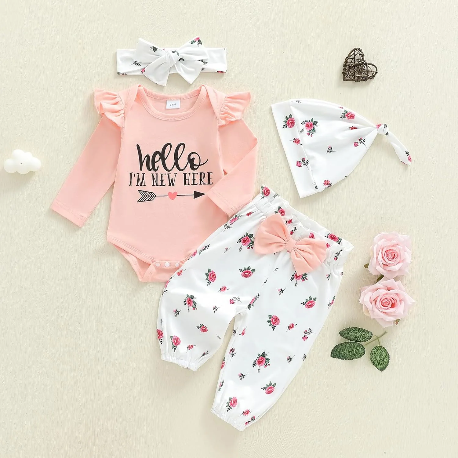 ست لباس پاییزی نوزاد دخترانه، رامپر راه راه، شلوار طرح گل، لباس های زیبا برای فصل پاییز و زمستان