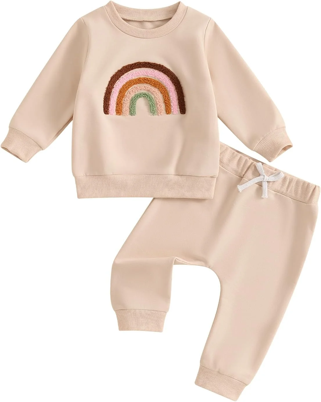 ست لباس دخترانه نوزادی، مناسب فصل پاییز و زمستان، 0 تا 3 سال، بلوز آستین بلند طرح رنگین کمان + شلوار کمر کشی بند دار