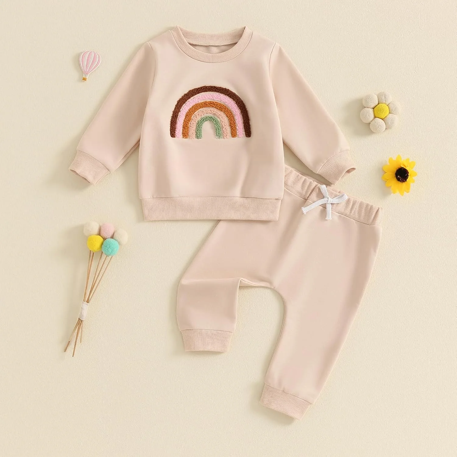 ست لباس دخترانه نوزادی، مناسب فصل پاییز و زمستان، 0 تا 3 سال، بلوز آستین بلند طرح رنگین کمان + شلوار کمر کشی بند دار