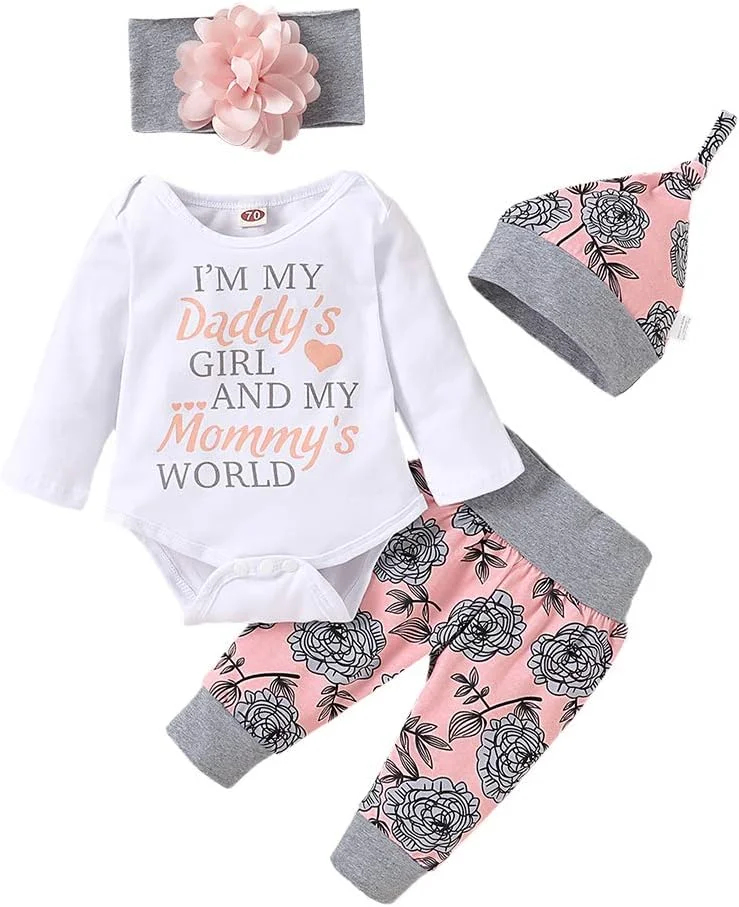 ست لباس نوزادی دخترانه شامل رامپر چاپی، شلوار گلدار، کلاه و هدبند، 4 تکه، مناسب فصل پاییز و زمستان