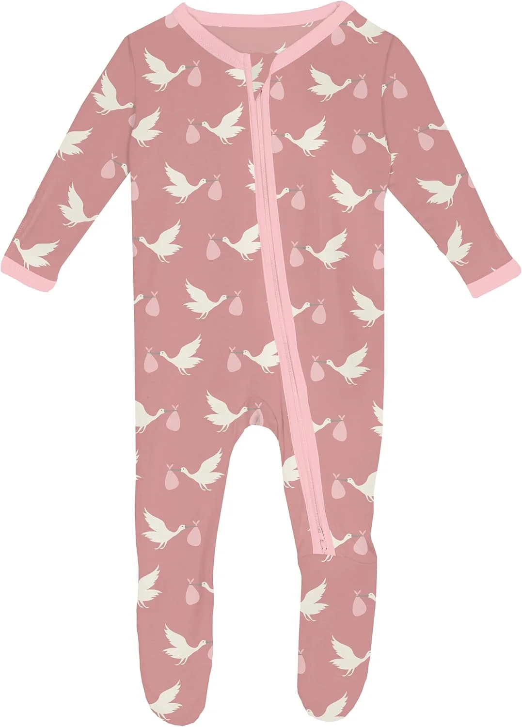 لباس خواب یکسره زیپ‌دار کیکی، مناسب نوزاد دختر یا پسر، فوق‌العاده نرم (طرح لک‌لک سرخ - سایز 9 تا 12 ماه)