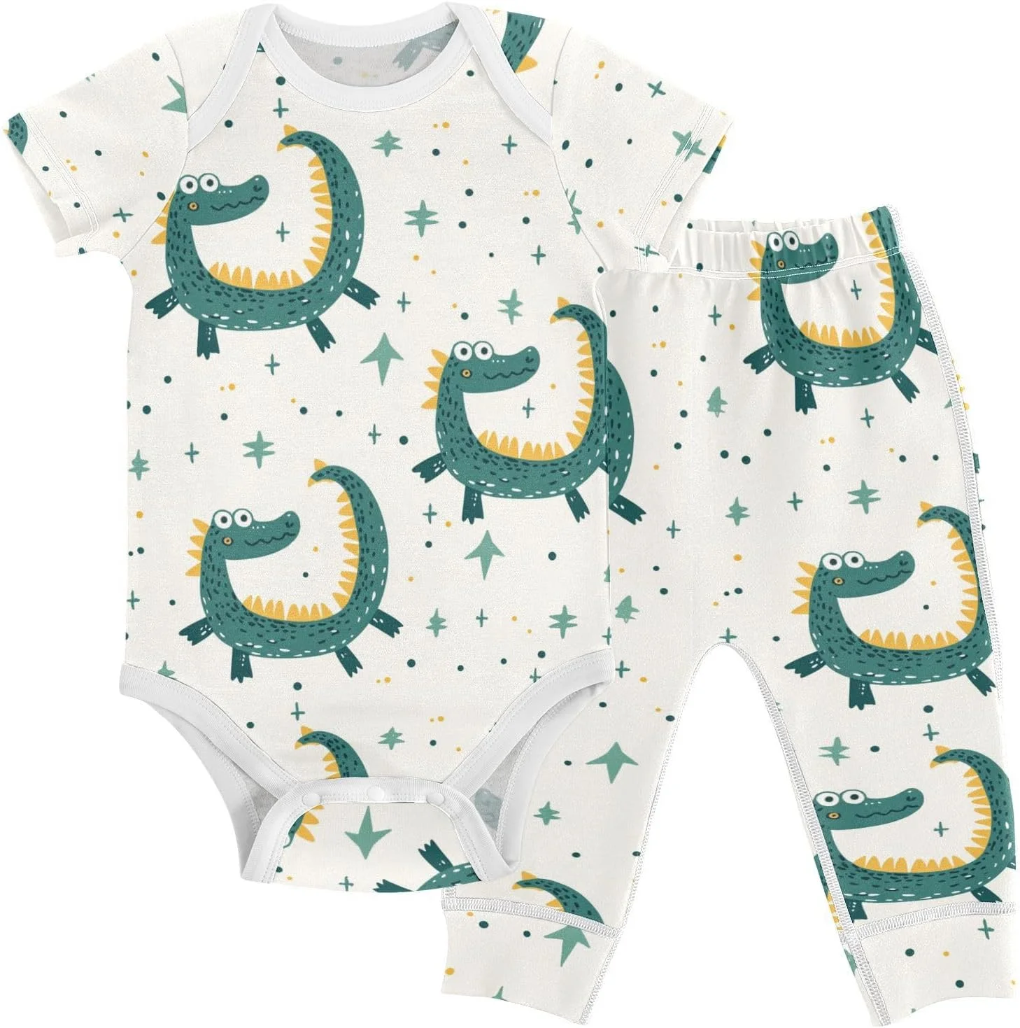 ست لباس نوزادی سبز طرح تمساح، خال خالی و برگ، شامل بادی و شلوار، مناسب نوزادان 0 تا 24 ماهه، برای پسران و دختران