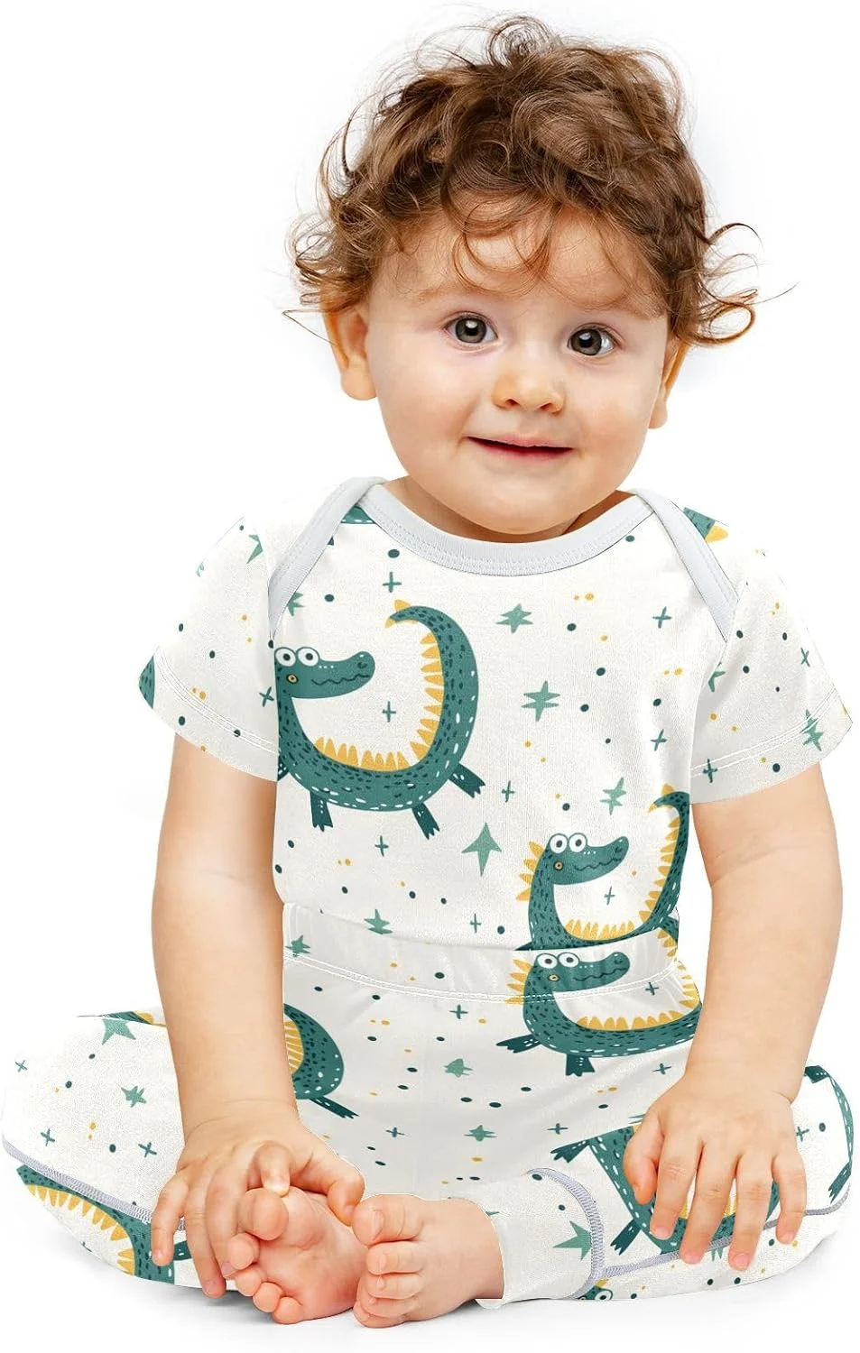 ست لباس نوزادی سبز طرح تمساح، خال خالی و برگ، شامل بادی و شلوار، مناسب نوزادان 0 تا 24 ماهه، برای پسران و دختران