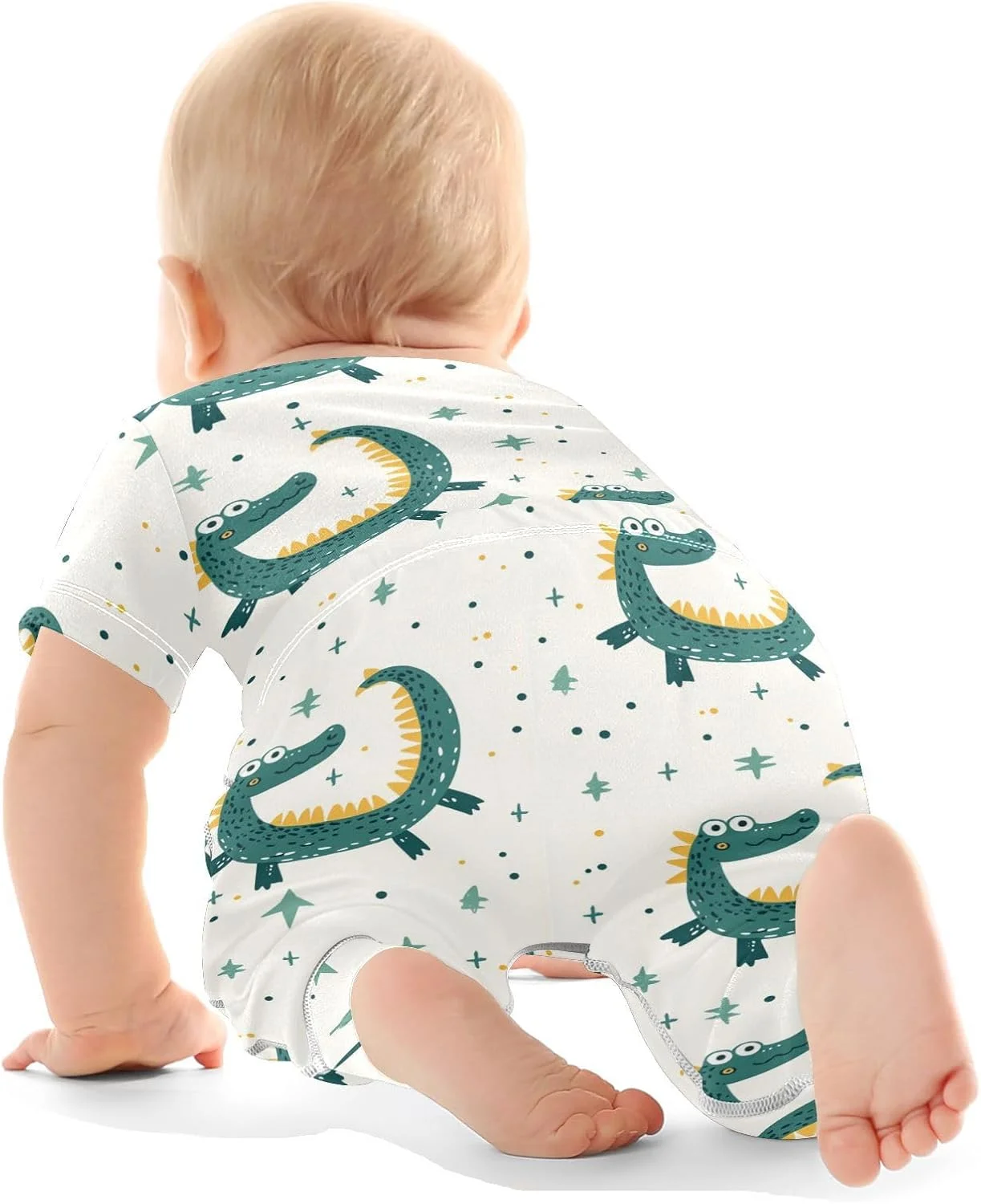 ست لباس نوزادی سبز طرح تمساح، خال خالی و برگ، شامل بادی و شلوار، مناسب نوزادان 0 تا 24 ماهه، برای پسران و دختران