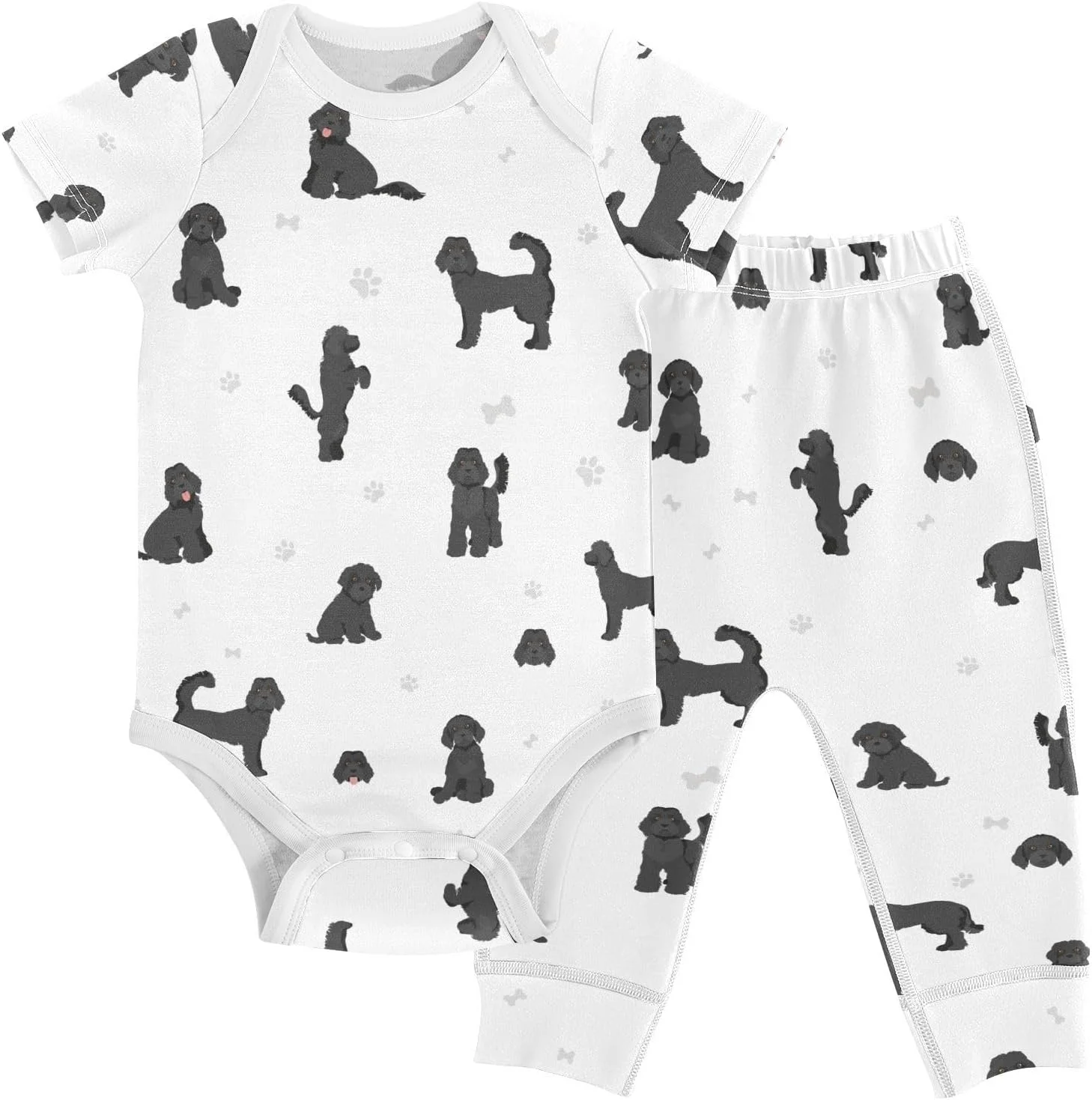 ست لباس نوزادی طرح لابرادودل مشکی، شامل بادی و شلوار، مناسب نوزادان 0 تا 24 ماهه، پسرانه و دخترانه