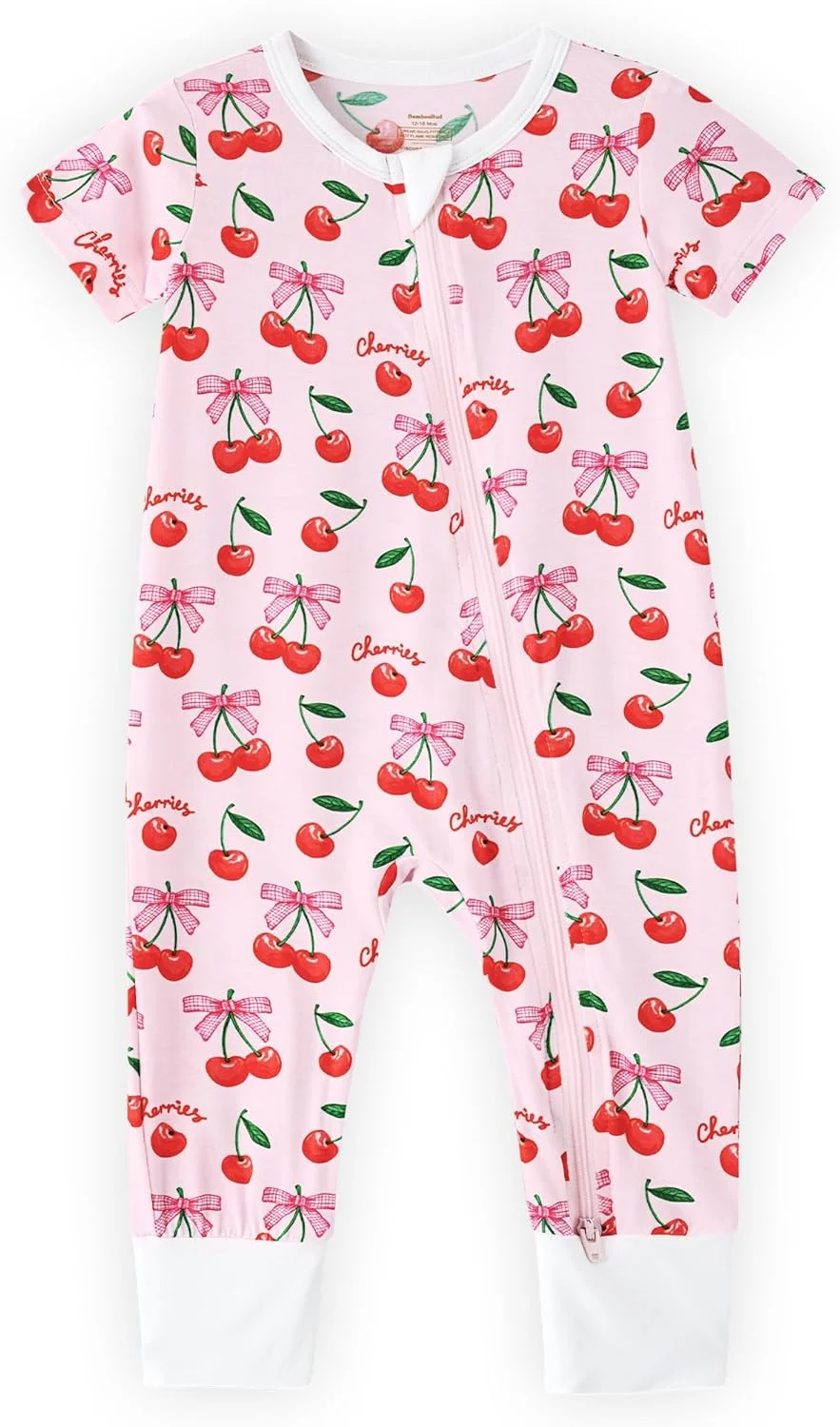 رامپر آستین کوتاه نرم نوزادی، لباس خواب دخترانه، رامپرهای جوراب دار، جامپسوت راحت و اندازه، طرح گیلاس با پاپیون/سفید خام، 18-24 ماه