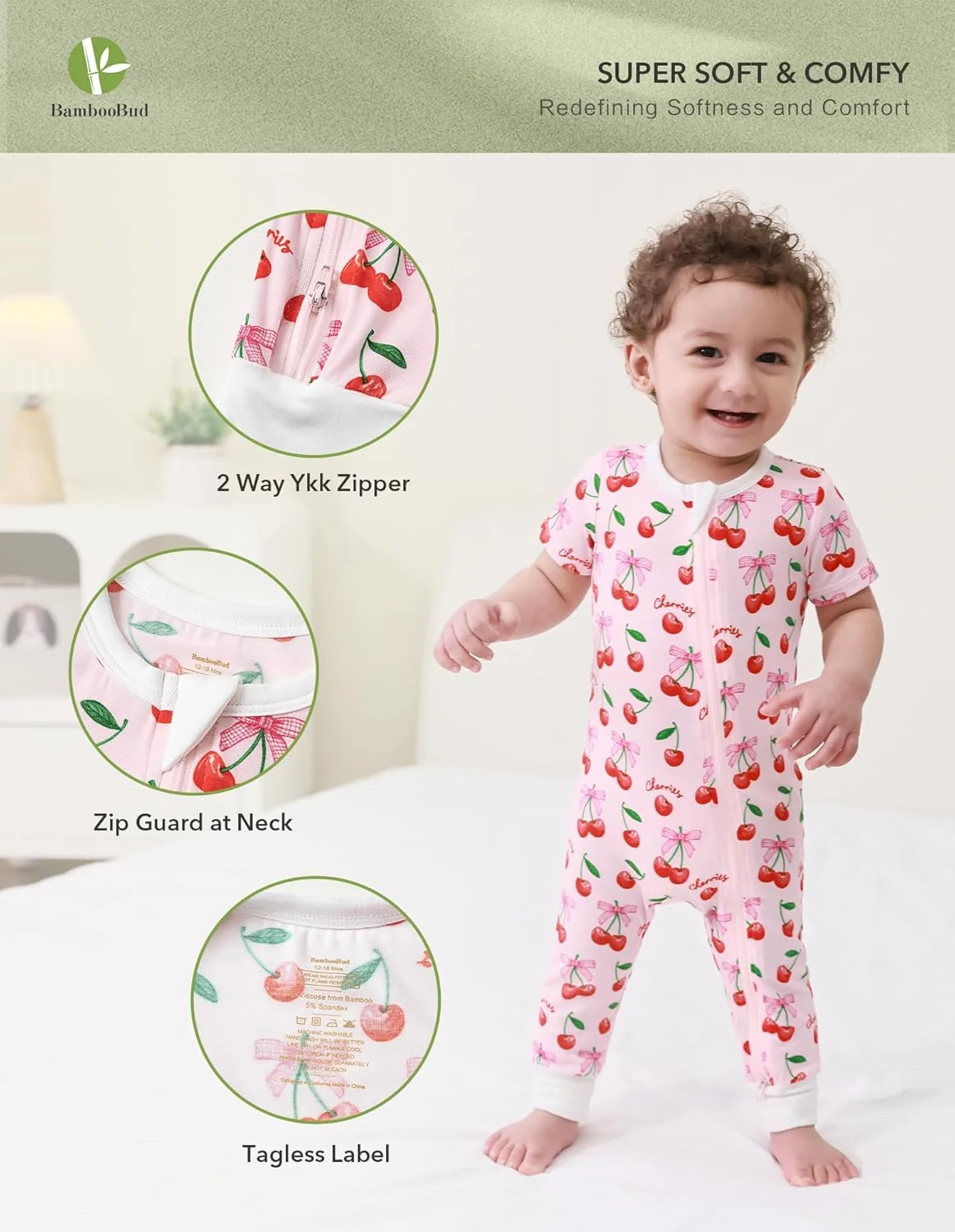 رامپر آستین کوتاه نرم نوزادی، لباس خواب دخترانه، رامپرهای جوراب دار، جامپسوت راحت و اندازه، طرح گیلاس با پاپیون/سفید خام، 18-24 ماه