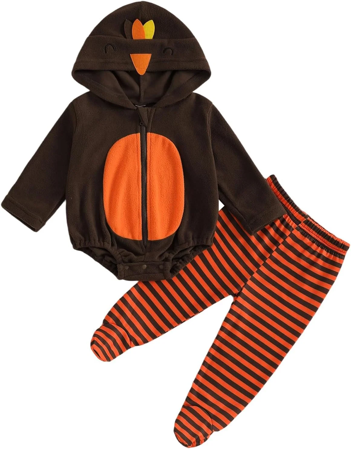 لباس کودکانه برای نوزاد پسر و دختر، بادی کلاه دار طرح بوقلمون و شلوار راه راه