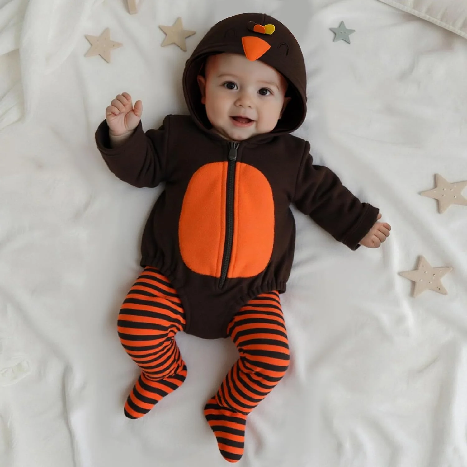 لباس کودکانه برای نوزاد پسر و دختر، بادی کلاه دار طرح بوقلمون و شلوار راه راه