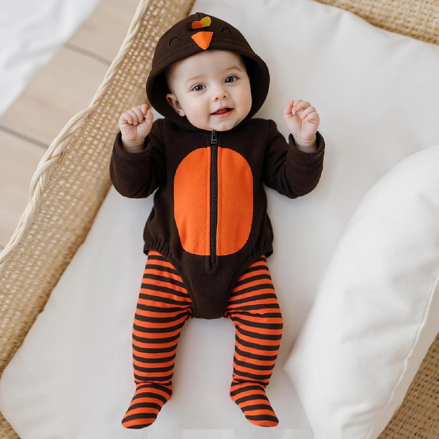 لباس کودکانه برای نوزاد پسر و دختر، بادی کلاه دار طرح بوقلمون و شلوار راه راه