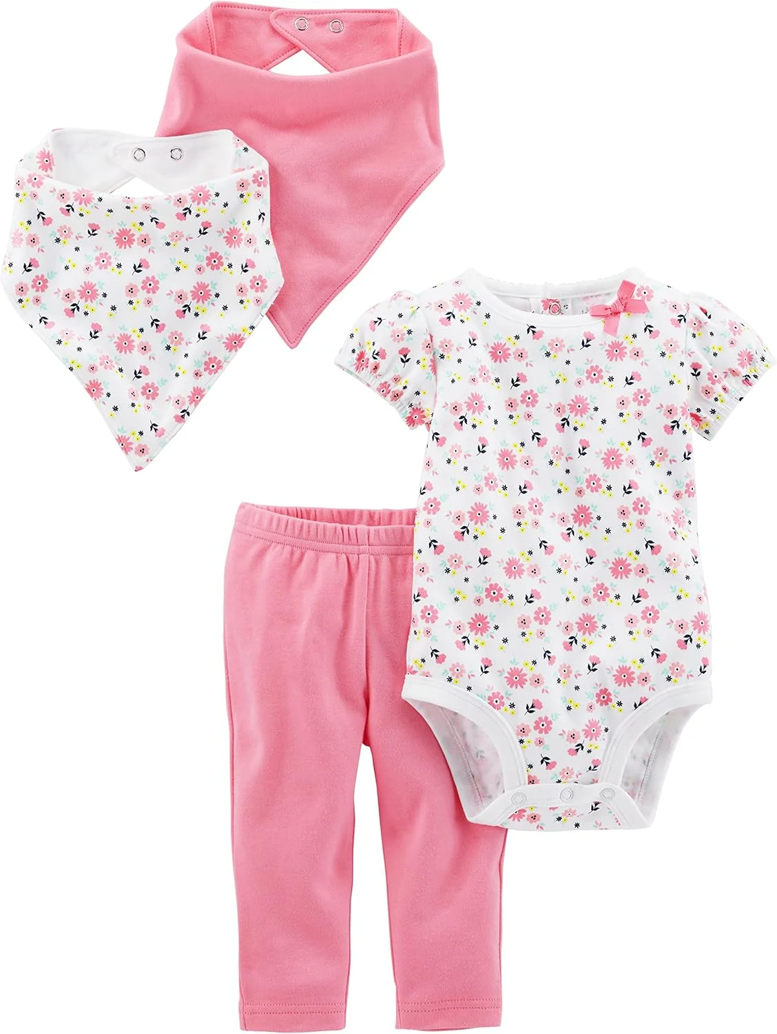 ست لباس نوزادی دخترانه شامل بادی آستین کوتاه، شلوار، و پیشبند، بسته 4 عددی
