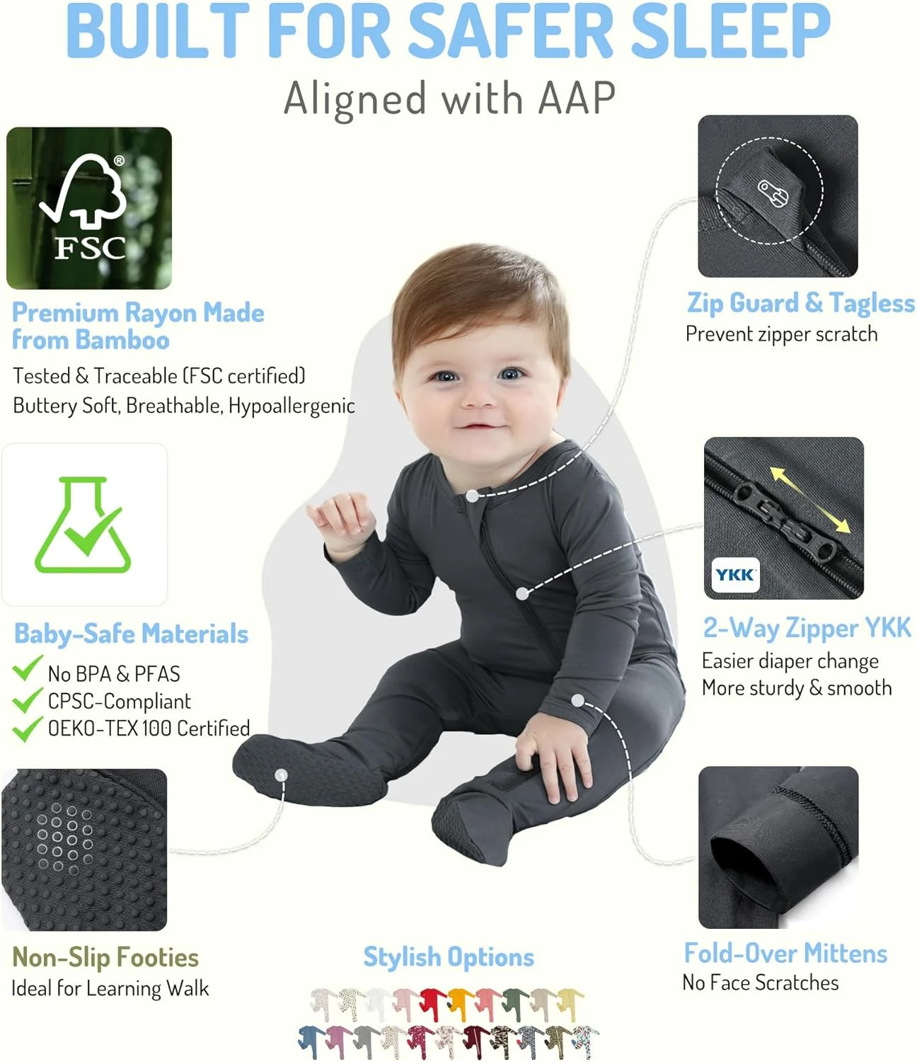 لباس خواب بامبو نوزاد HAPIU، زیپ دو طرفه، مناسب 0-24 ماه