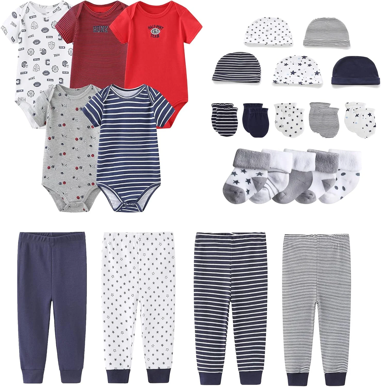 ست هدیه لباس نوزادی شامل بادی، شلوار برای نوزاد دختر و پسر، 24 تکه، 100% پنبه، لوازم ضروری و جانبی